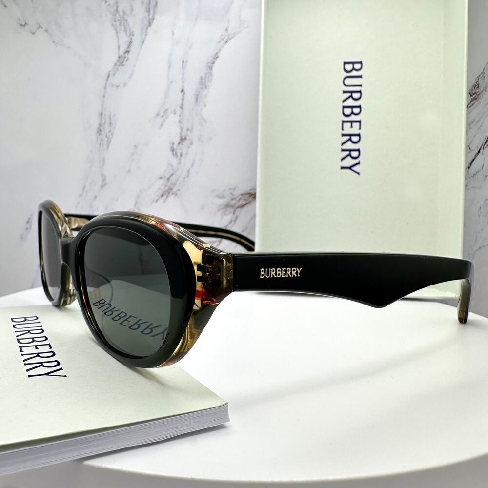 New Burberry Sunglasses Black Vintage Check Oval Gold Logo Womens New BURBERRY - Picture 7 of 16